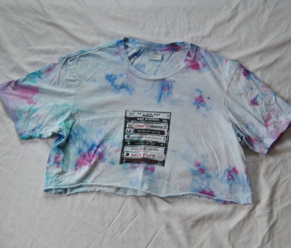 T-Bar x Cotton On Tie Dye 80's Mix Tapes Logo Crop Top Medium